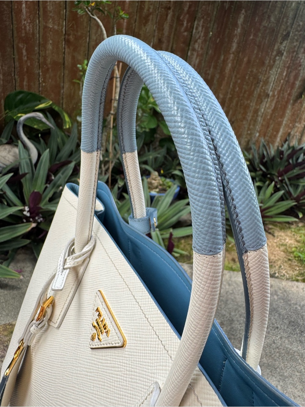 Prada Cream Saffiano Leather Tote with Blue Trim - Picture 11 of 14